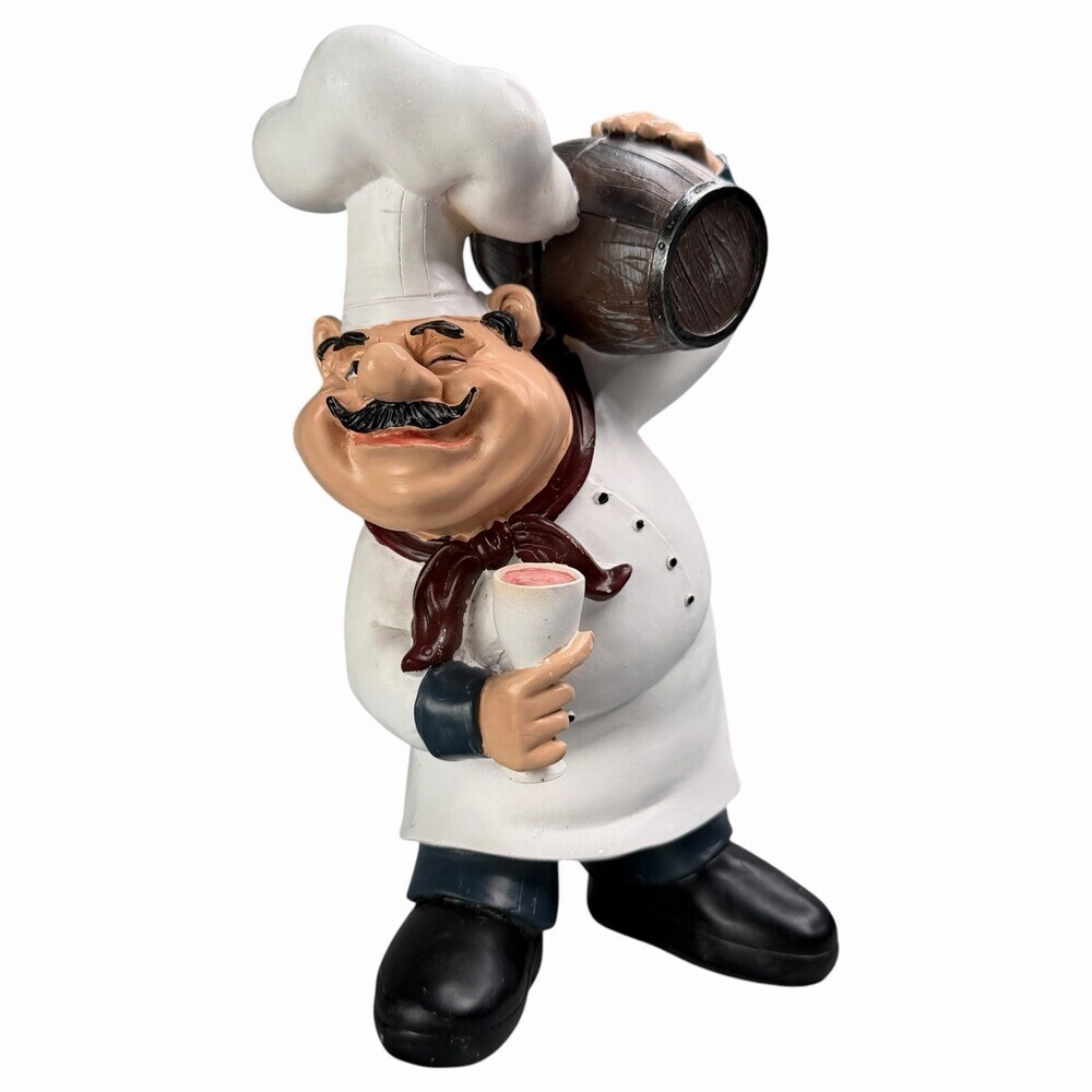 Italian Chef Figurine Kitchen Decor Barrel Wine Glass Resin Statue Cafe Dining